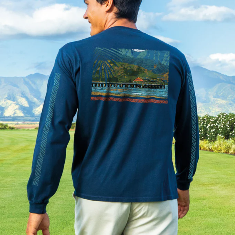 Men's Surfing Long Sleeved Round Neck Seaside Printed T-shirt