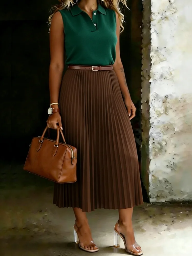 Women's Brown Pleated Midi Skirt