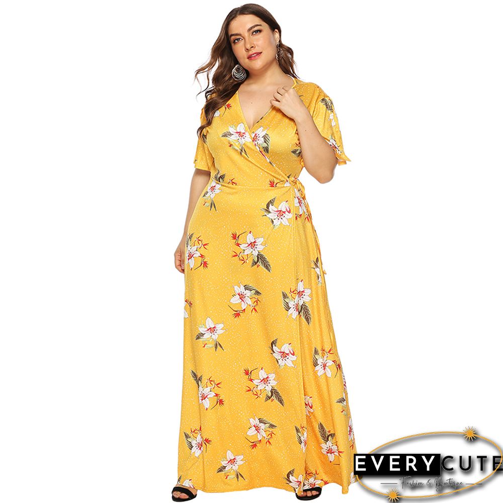 Yellow Floral Print Short Sleeve Plus Size Maxi Dress