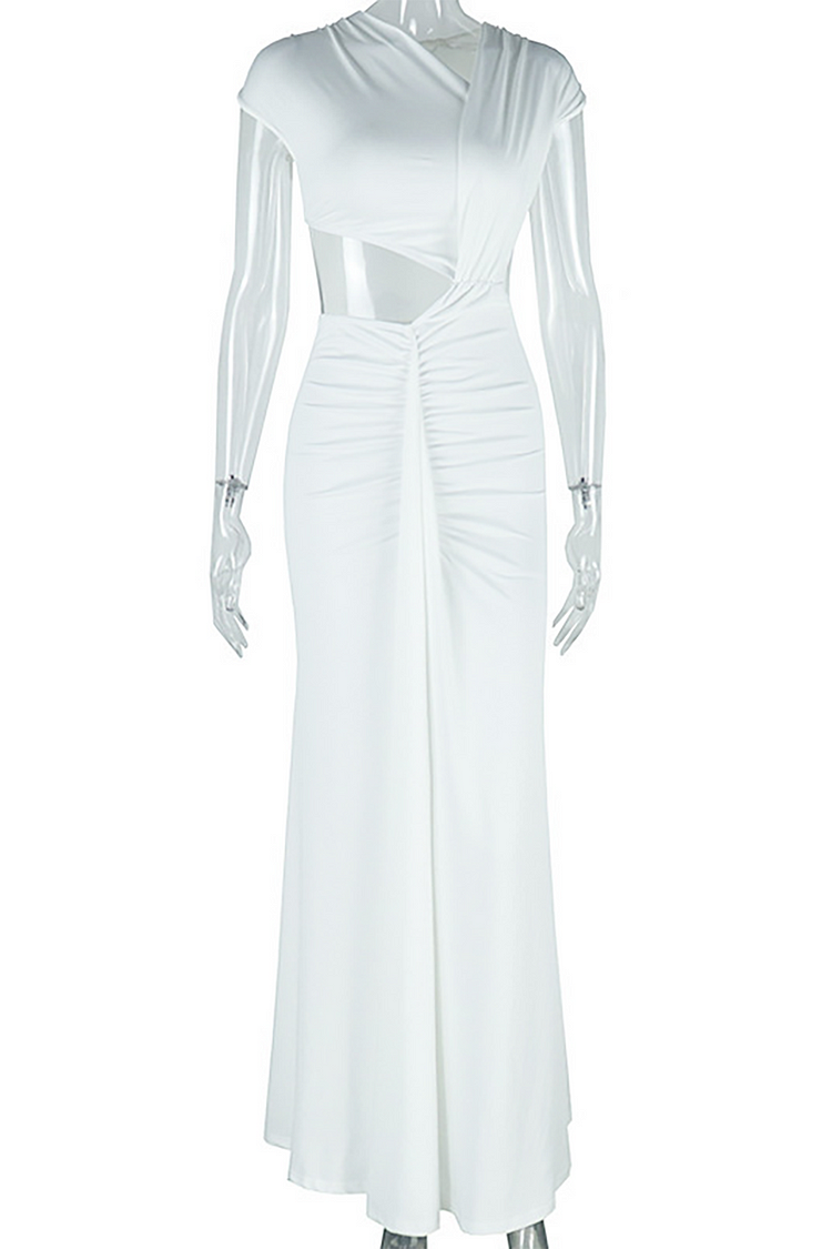 Asymmetrical Neckline Cap Sleeve Cutout Ruched Bodycon Maxi Dresses-White