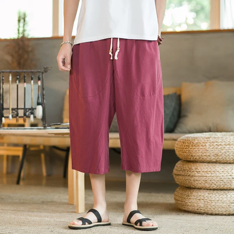 Whosewln Streetwear Fashion Women: Chinese Style Linen Pants – Wide Leg Drop Crotch Joggers for Men’s HipHop Style  