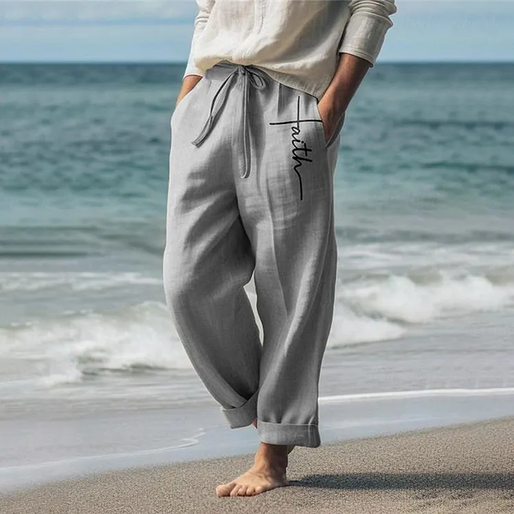 Men's Vintage Faith Cross Art Cozy Cotton And Linen Pants