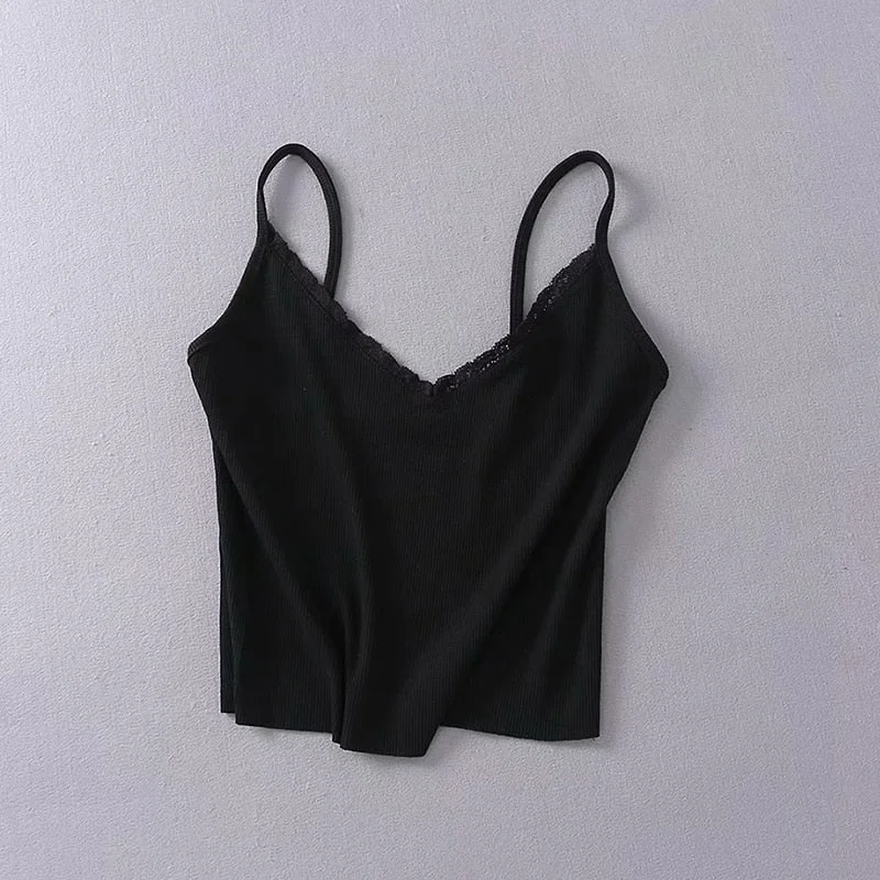 Women V-neck Lightweight Ribbed Cotton Camis Top With Spaghetti Straps And Lace Trimming Female Casual Tank Top Cropped Top