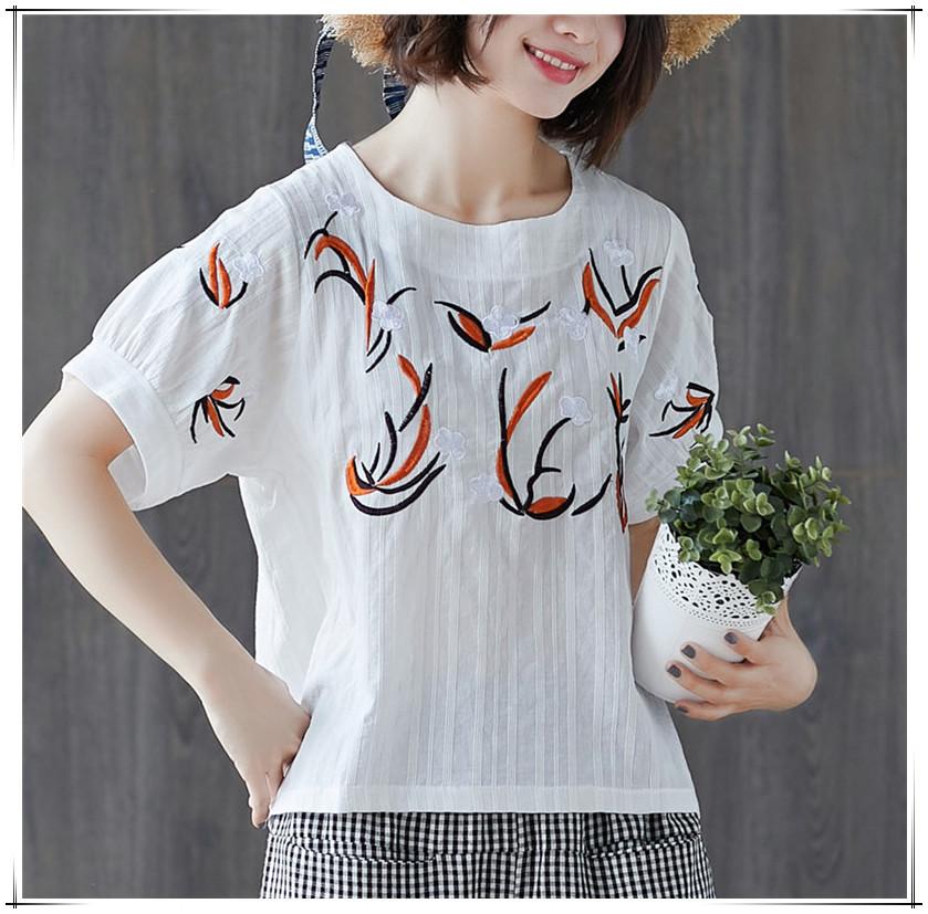 Women's Embroidery Floral Short Puff Sleeve Linen Cotton Loose Casual Summer Top T-Shirt
