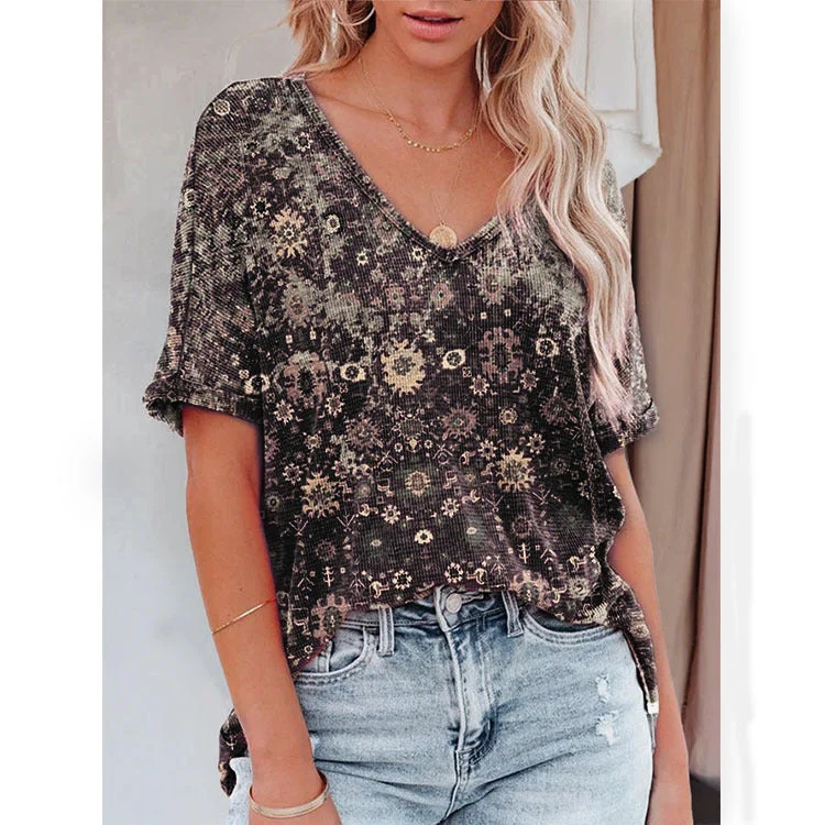 V-neck short sleeve loose print bottoming shirt T-shirt women's top