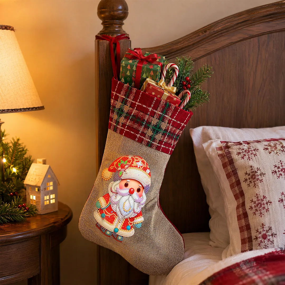 DIY Diamond Painting Christmas Stockings Hanging Ornaments Large Capacity Xmas Socks Pendant Wear Resist Candy Gift Storage Bags for Family Christmas Holiday Party Decoration (Santa Claus)