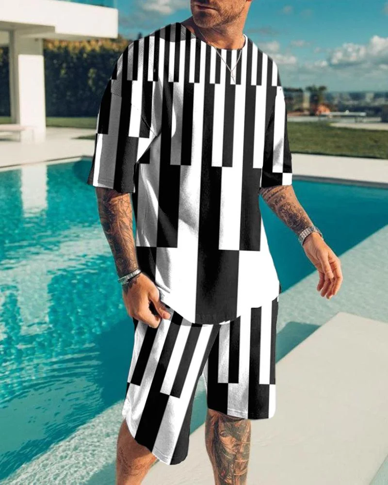 Men's Holiday Black and White Pattern Print Shorts Suit