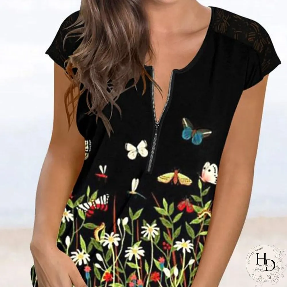 Zipper Printed Casual Patched Lace Sleeve Tee