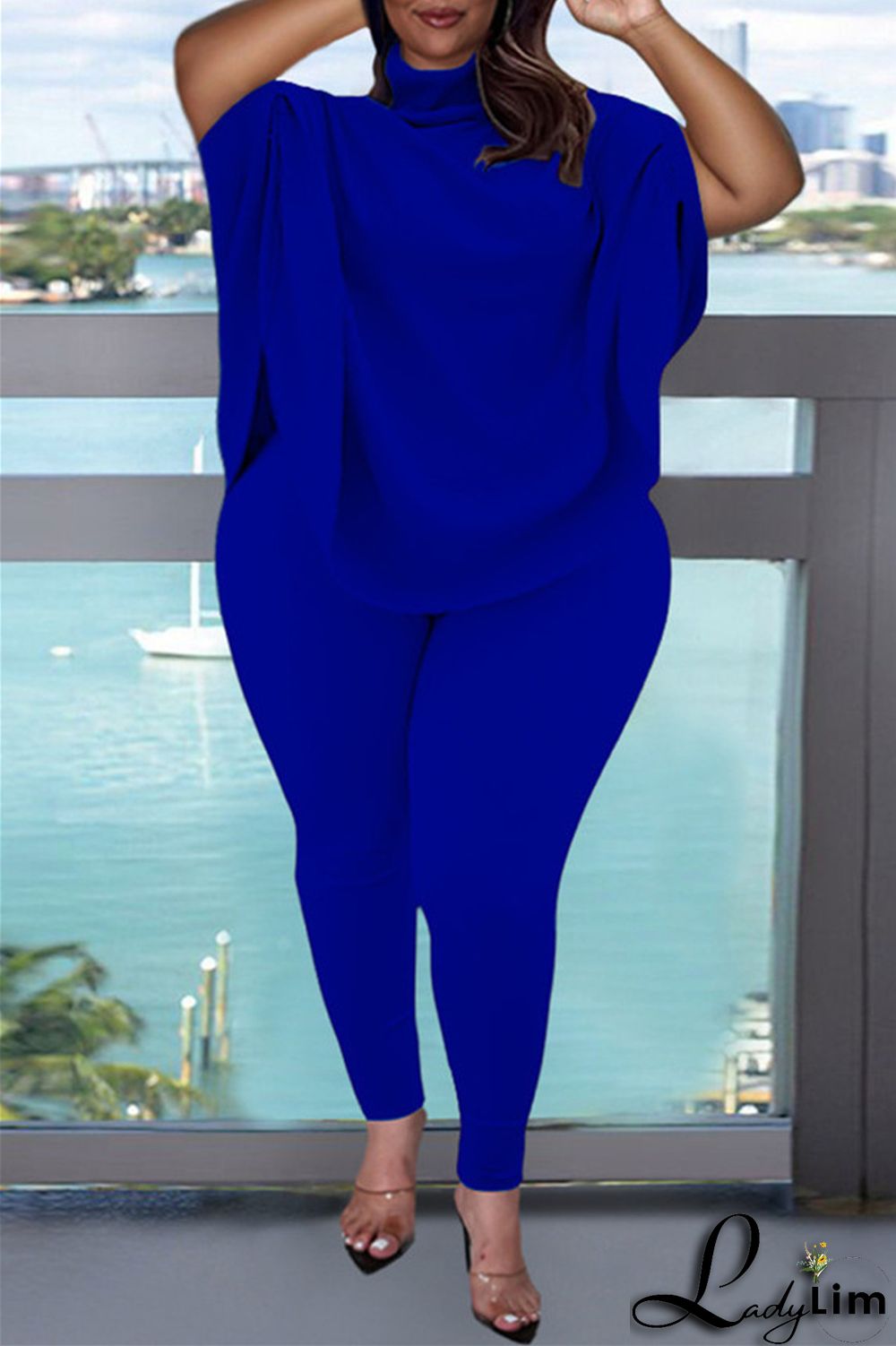 Pink Fashion Casual Solid Basic Turtleneck Short Sleeve Two Pieces