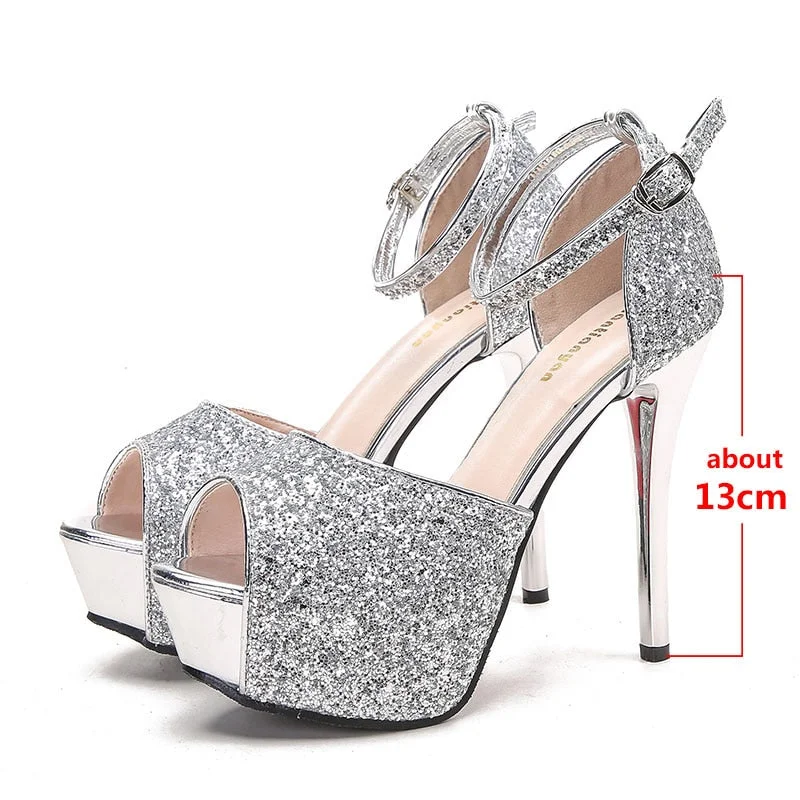 platform sandals peep toe heels silver shoes glitter heels mary jane shoes tacones extreme high heels stilettos shoes for women