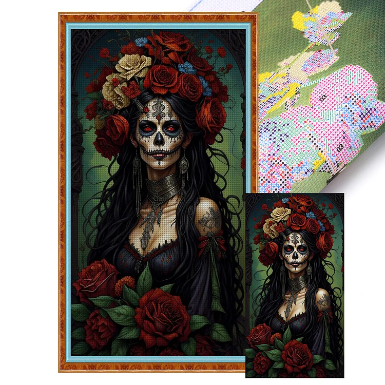 Flowers Skull Woman 11CT Stamped Cross Stitch 40*70CM