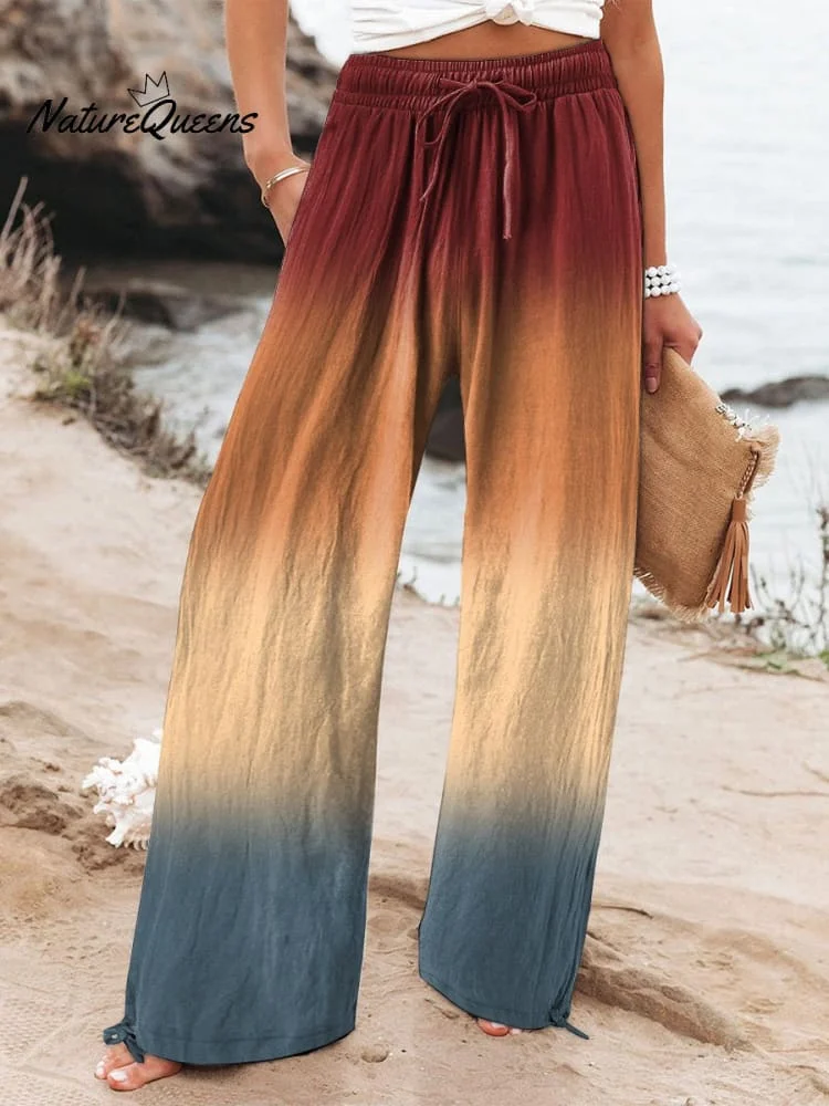 Women's Vacation Reddish Brown Gradient Retro Pattern Art Printed Cotton And Linen Casual Pants