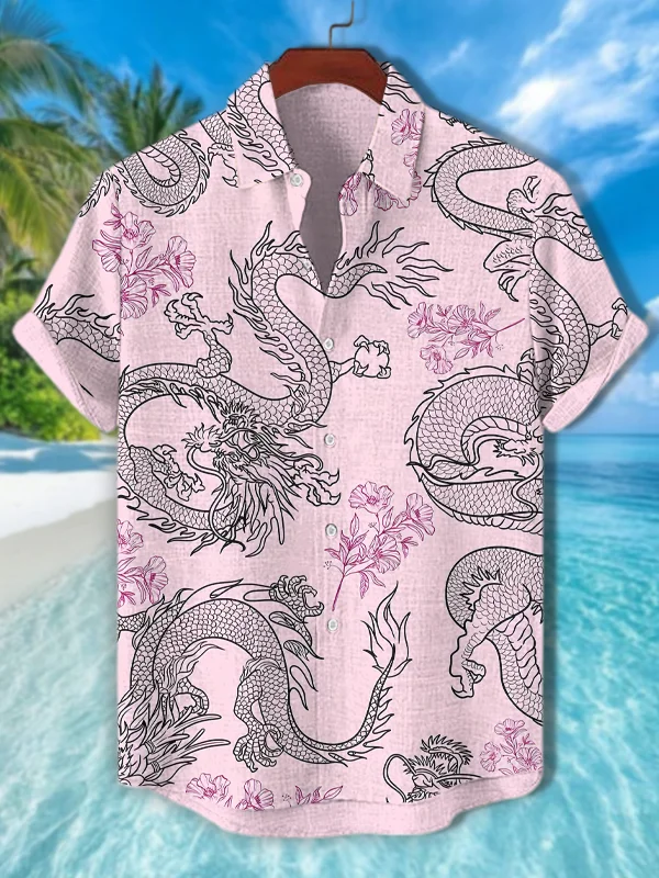 Men's Dragon And Flower Art Print Casual Shirt