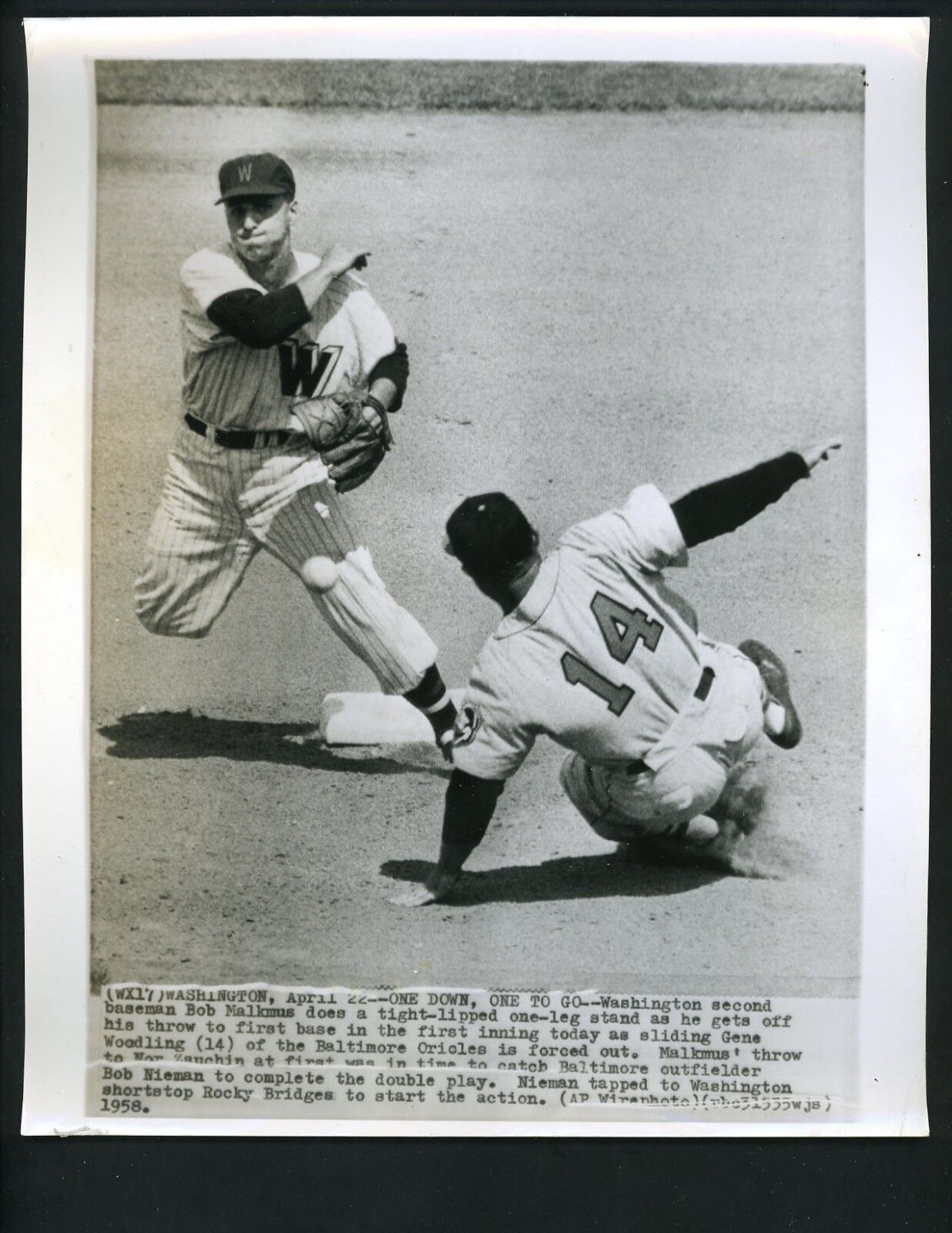 Bobby Malkmus & Gene Woodling 1958 Press Photo Poster painting Washington Senators Orioles