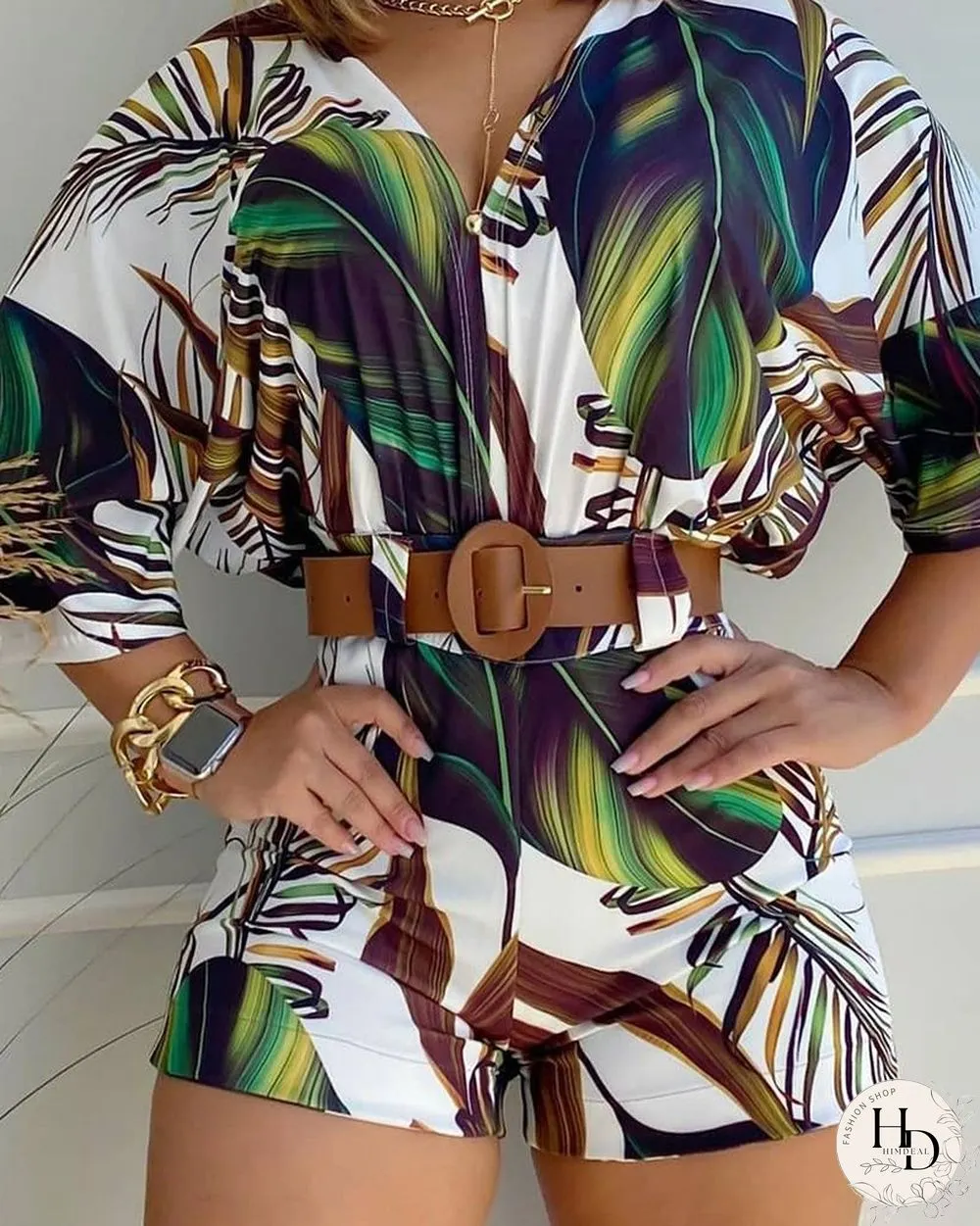 Tropical Print V-Neck Top & Shorts Set