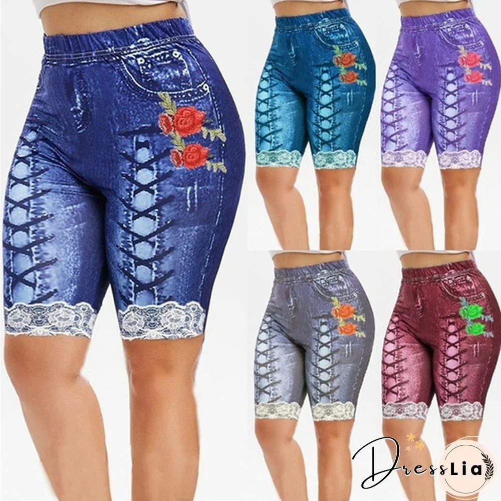 Women Lace Up Floal Print Faux Faux Denim Shorts Casaul Slim Fit Capri Shorts Leggings