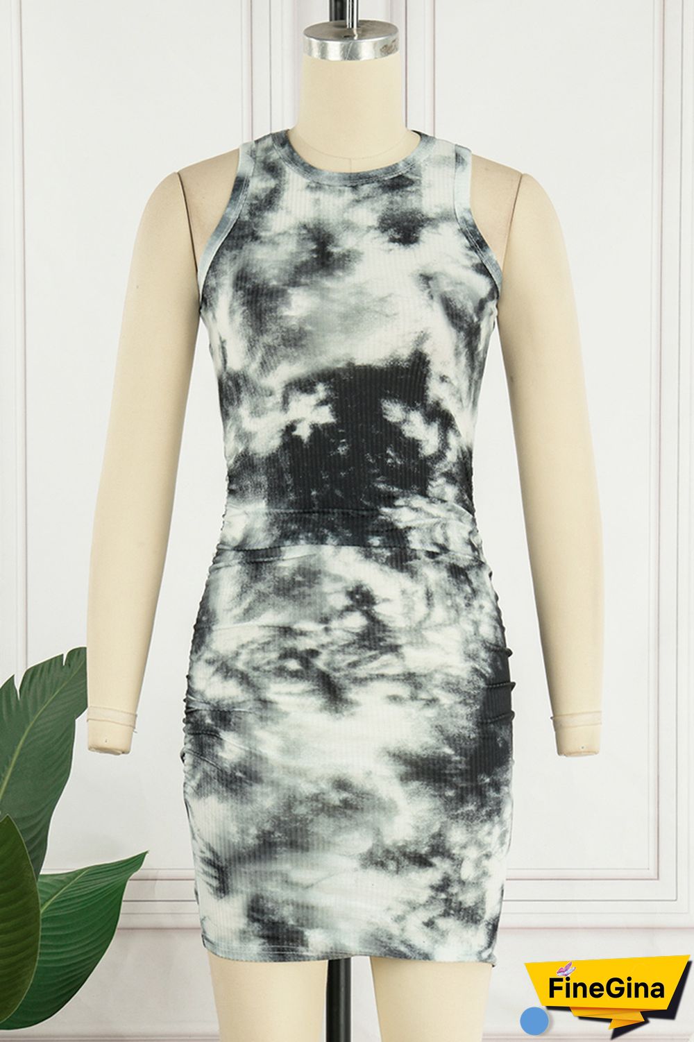 Black Casual Print Tie Dye Basic O Neck Sleeveless Dress Dresses