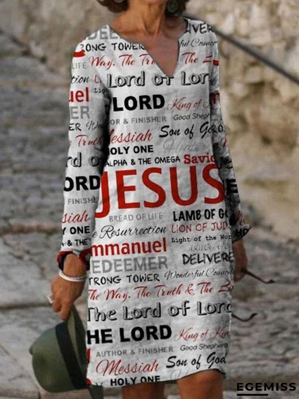 Casual V Neck Loosen Letter Long Sleeve Dresses | EGEMISS