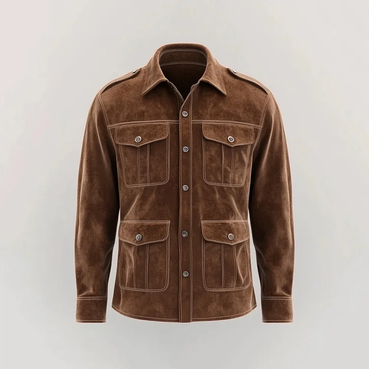 Men's Suede Single Breasted Flap Pocket Long Sleeve Safari Shirt