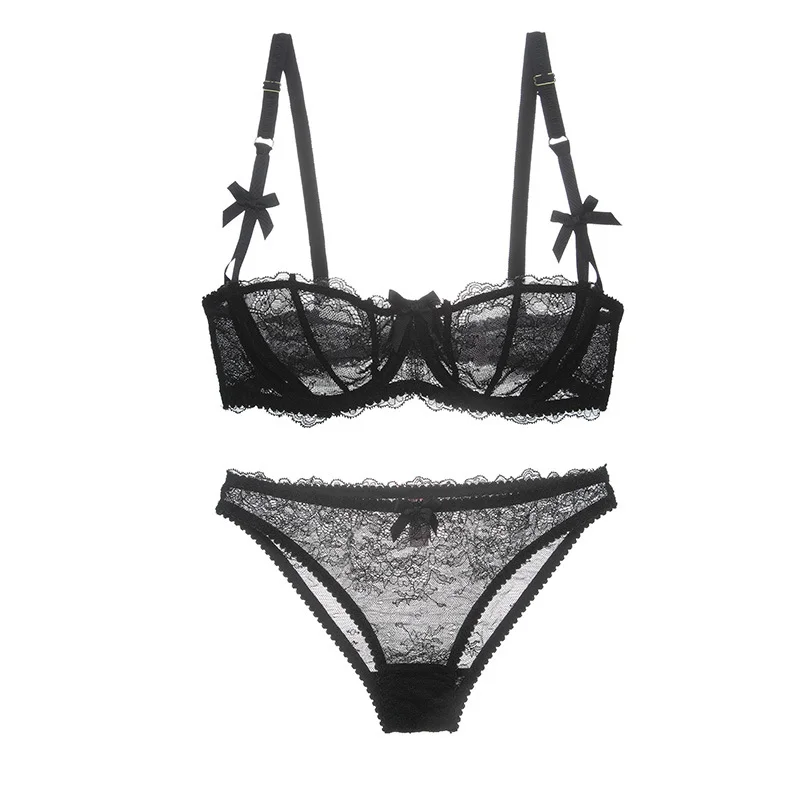 Brownm Sexy Lace Bow Ultra-Thin Bra Set Steel Ring Large Breathable Girl Half Cup Underwear Bra