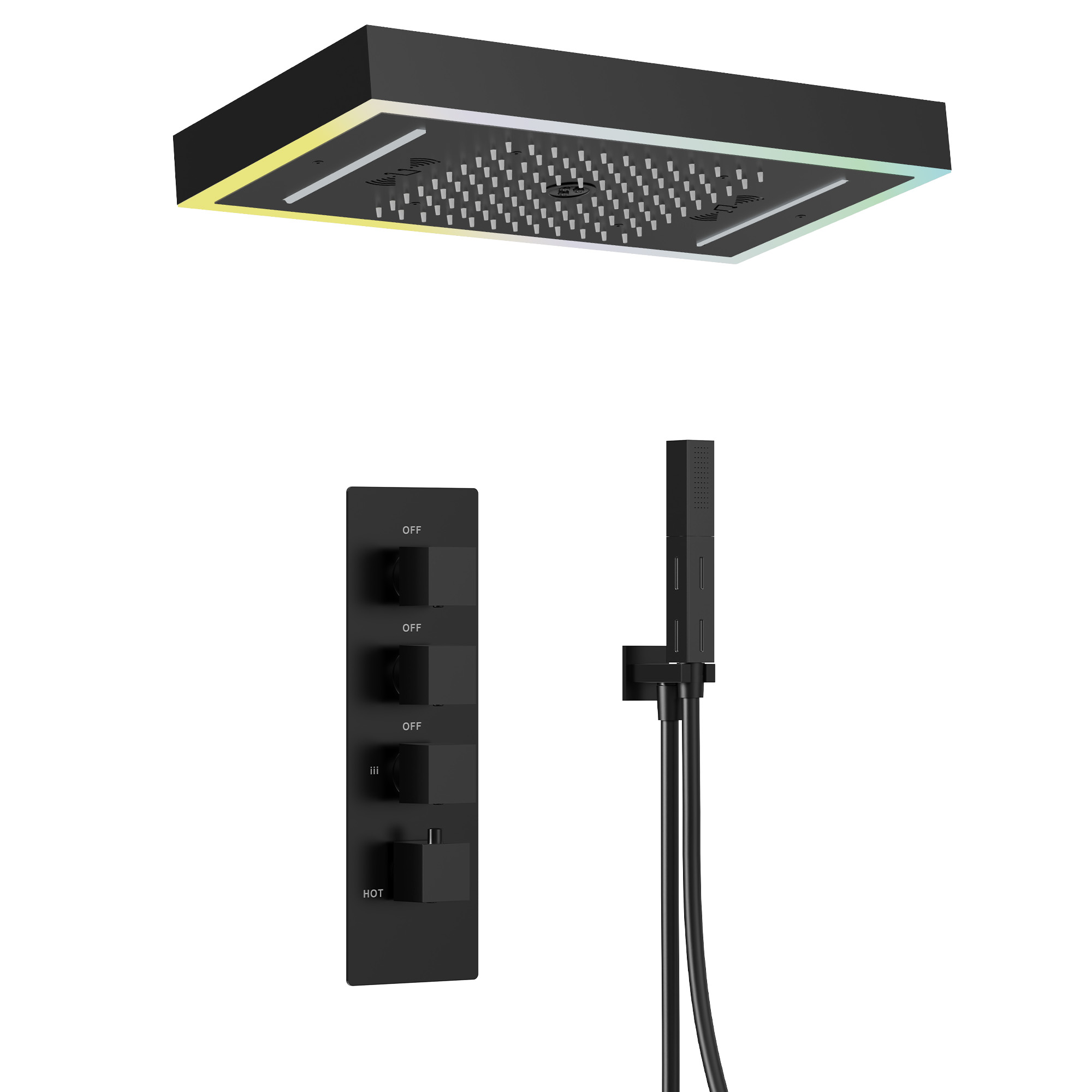 GRANDJOY Matte Black Thermostatic Shower System with 25.59 Inch LED Music Triple Function Rain Waterfall Rotating Massage Shower Head, 2-Function Handheld Spray Gun, Adjustable Slide Bar, Wall Mounted Shower Faucet Set with Valve