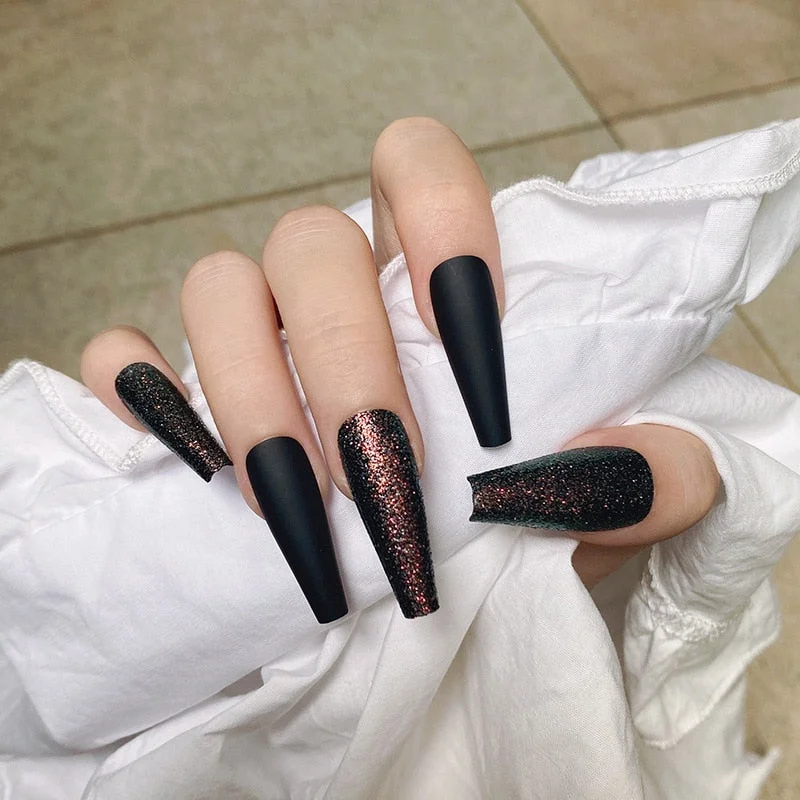 24Pcs Extra Long Coffin Nails Pure Purple Elegant Shiny Ballet Fluorescent and Yellow Leopard print Fake Nail with glue for girl-Nail Inspo