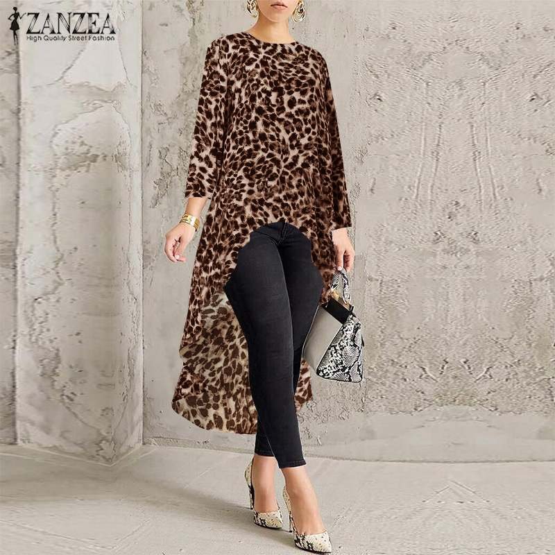 ZANZEA 2022 Sexy Leopard Tops Women's Printed Blouse Fashion Long Sleeve Tee Shirts Female Asymmetrical Blusas  Tunic