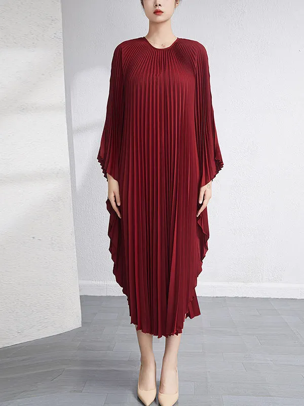 Gradient Pleated Batwing Sleeves Loose Round-Neck Midi Dresses main image 1