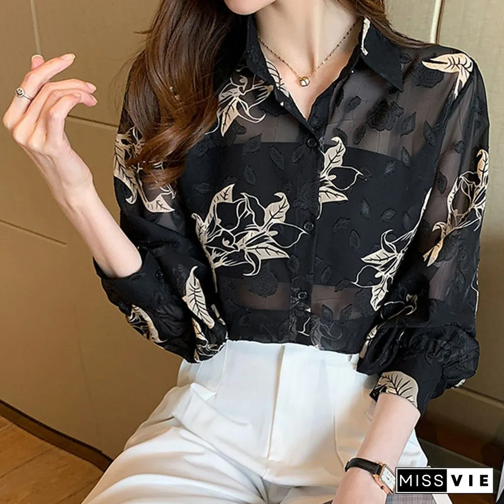 Floral Print Puff Sleeve Chiffon Shirt