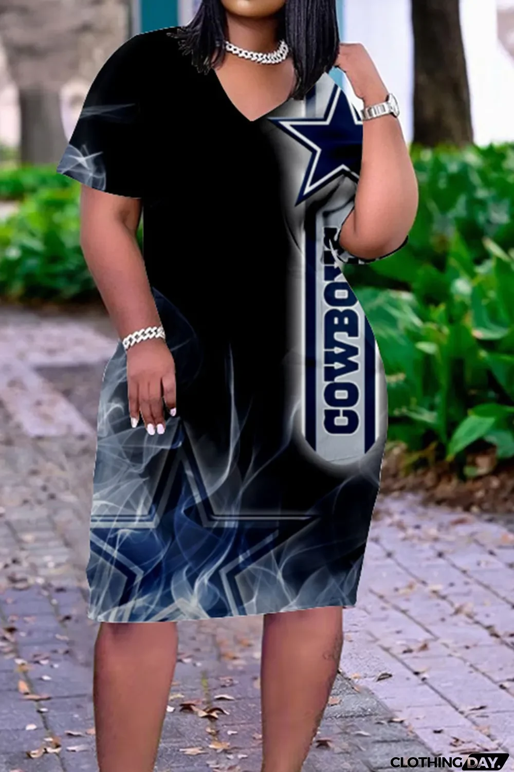 Blue White Casual Print Patchwork V Neck Straight Dresses