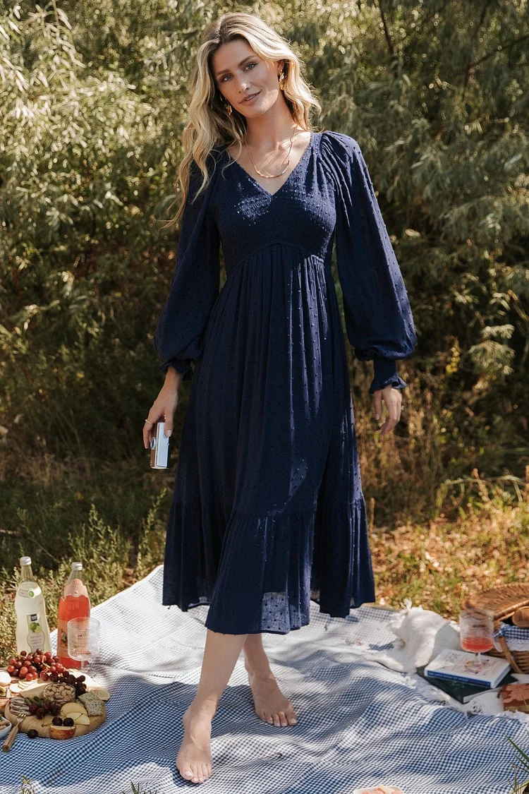 Smocked Dotted Floral Midi Dress - Midnight Blue
