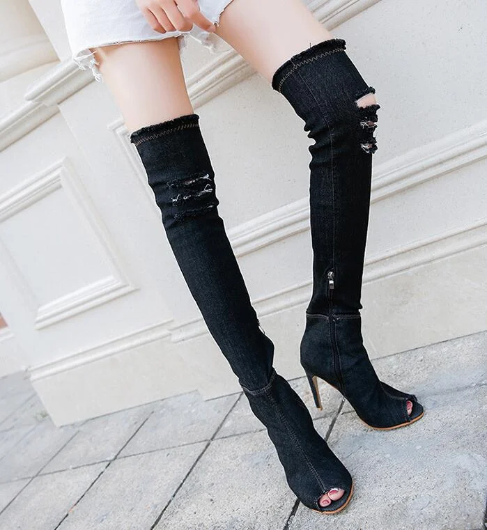 Canrulo Autumn Women High Heels thigh high boots Female Shoes Hot Over The Knee Boots Peep Toe Cowboy Boots Denim shoes 785
