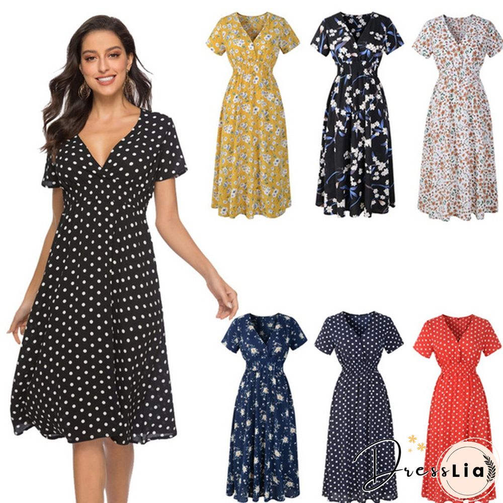 Women's Fashion Bohemian Skirt Chiffon Summer Print V-Neck Short-Sleeved Floral Dress