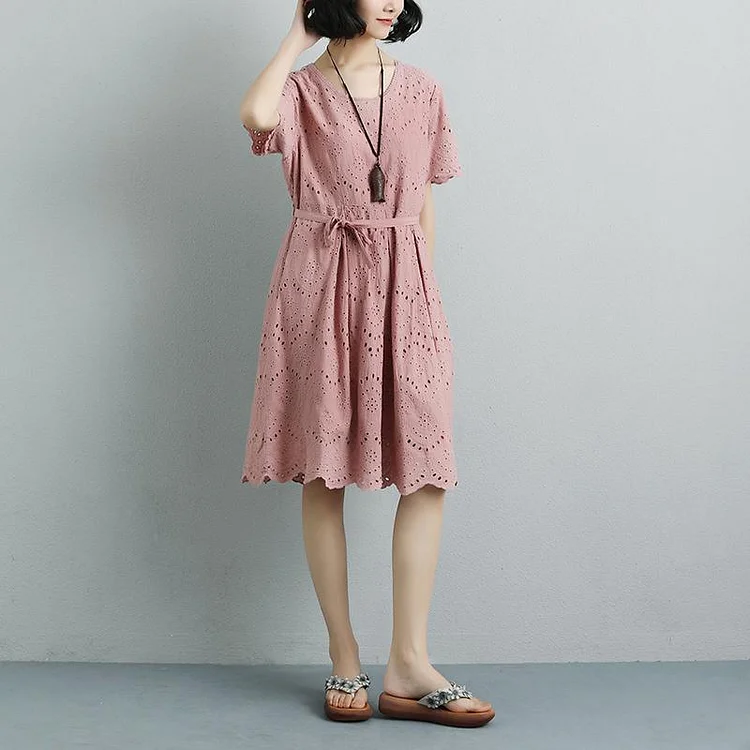 Summer Short Sleeve Lacing Pleated Pink Casual Dress