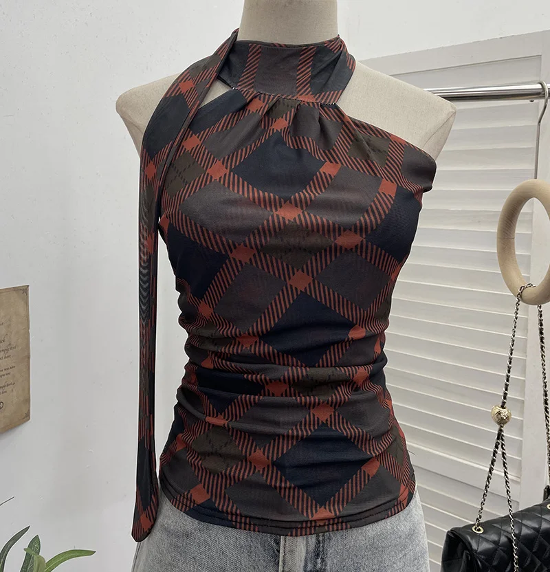 Nigikala Nigikala And Summer Ribbon Wear Double Mesh Sexy Hottie Hanging Neck Sling Vest Woman 16500