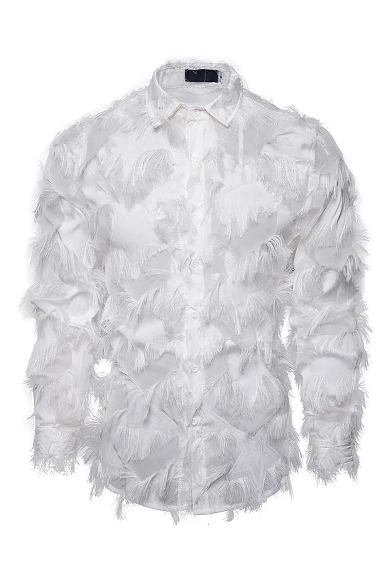 Ciciful Men's Mesh Patchwork Feather Fringe Long Sleeve Shirt