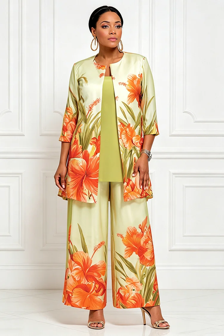 Xpluswear Design Plus Size Churchs Multicolor Floral Round Neck 3/4 Sleeve Wide Leg Satin Three Piece Sets [Pre-Order] 2024 - Xpluswear