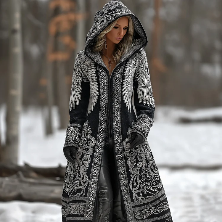 Women's Viking Celtic Knot With Angle Wings Art Cozy Knit Hooded Jacket