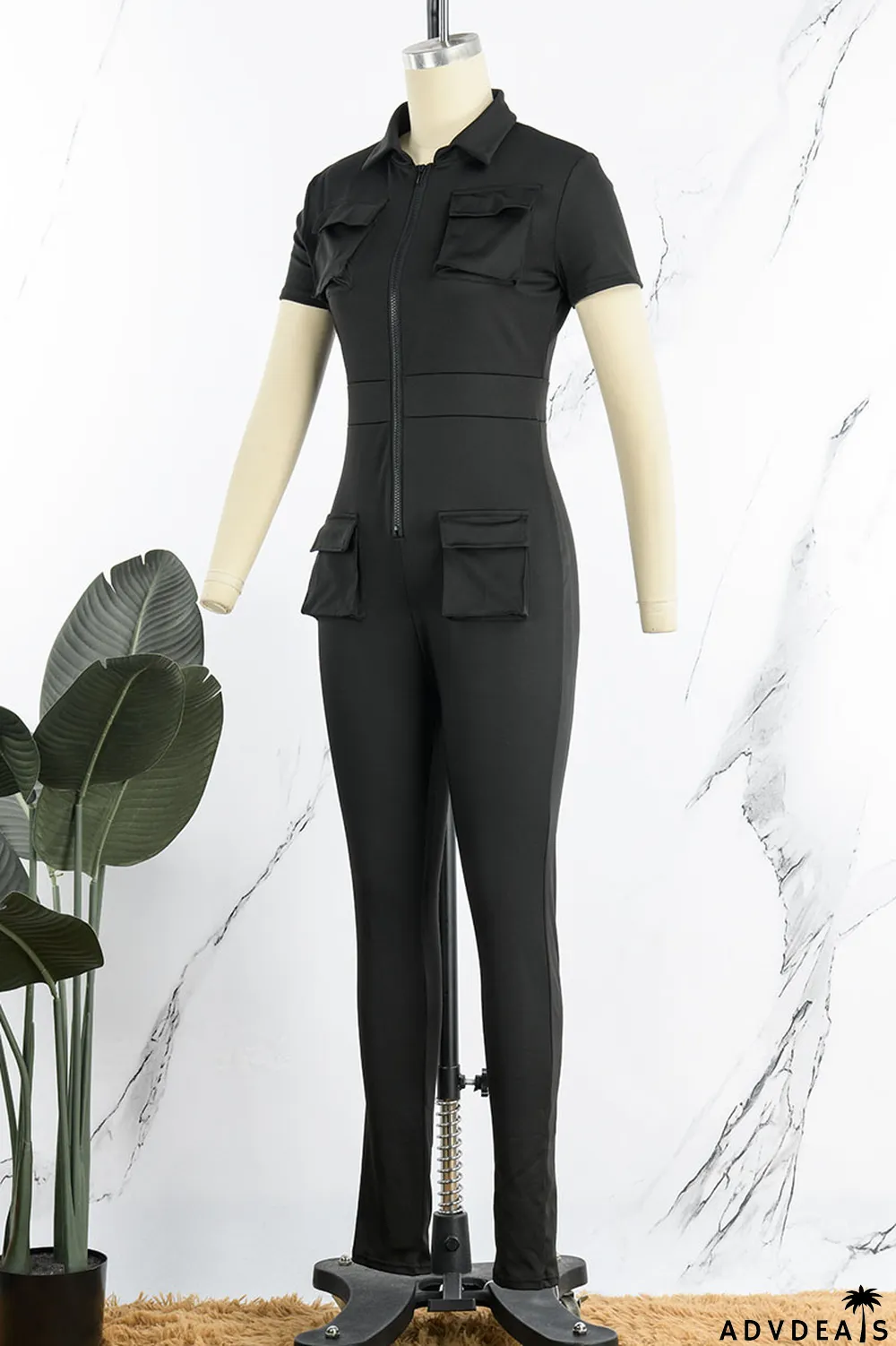 Army Green Street Solid Patchwork Pocket Zipper Collar Skinny Jumpsuits