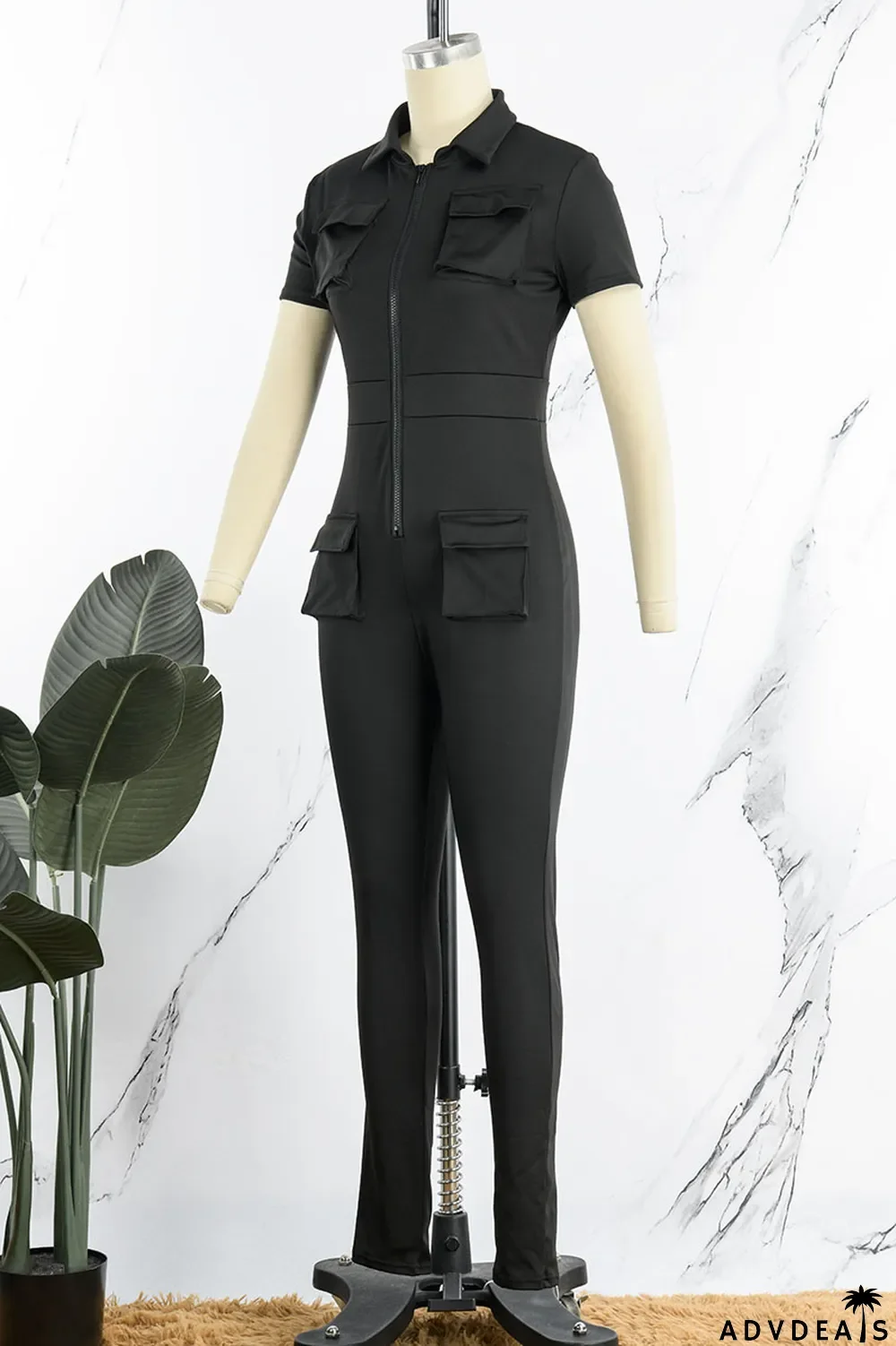 Army Green Street Solid Patchwork Pocket Zipper Collar Skinny Jumpsuits