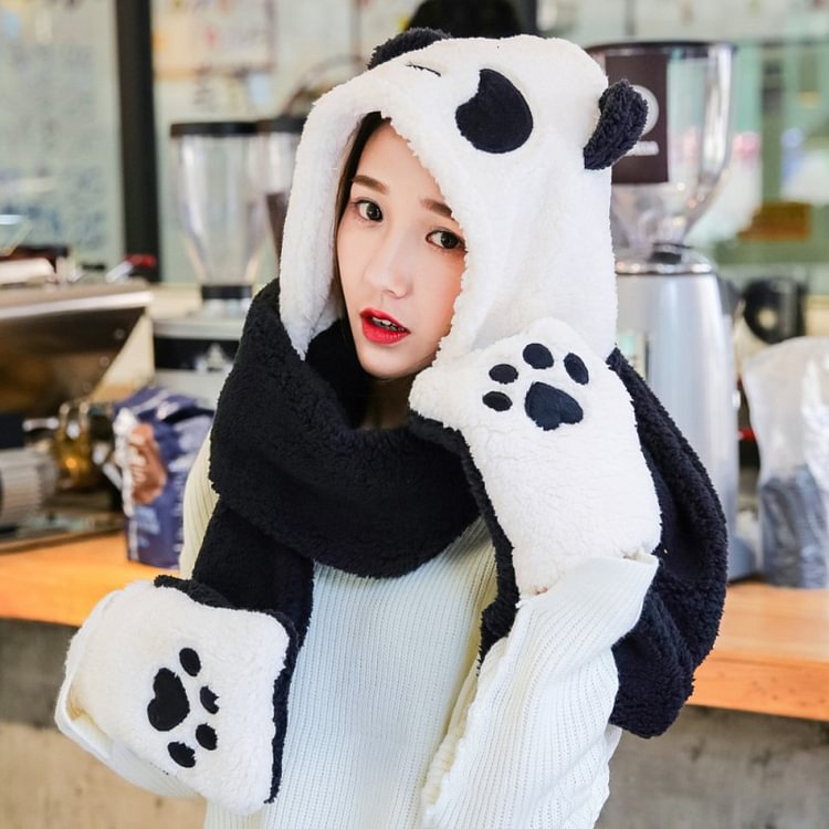 Panda Ears Hat Scarf Gloves Warmer - Modakawa Modakawa