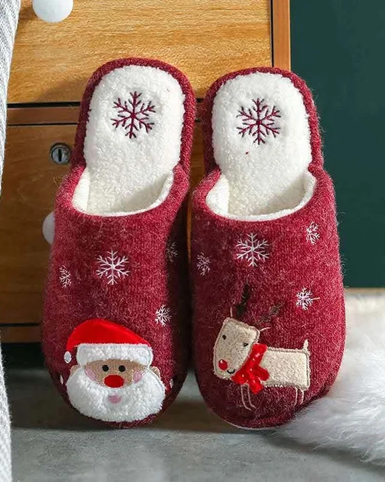Santa Printed Non-slip Home Fur Slippers