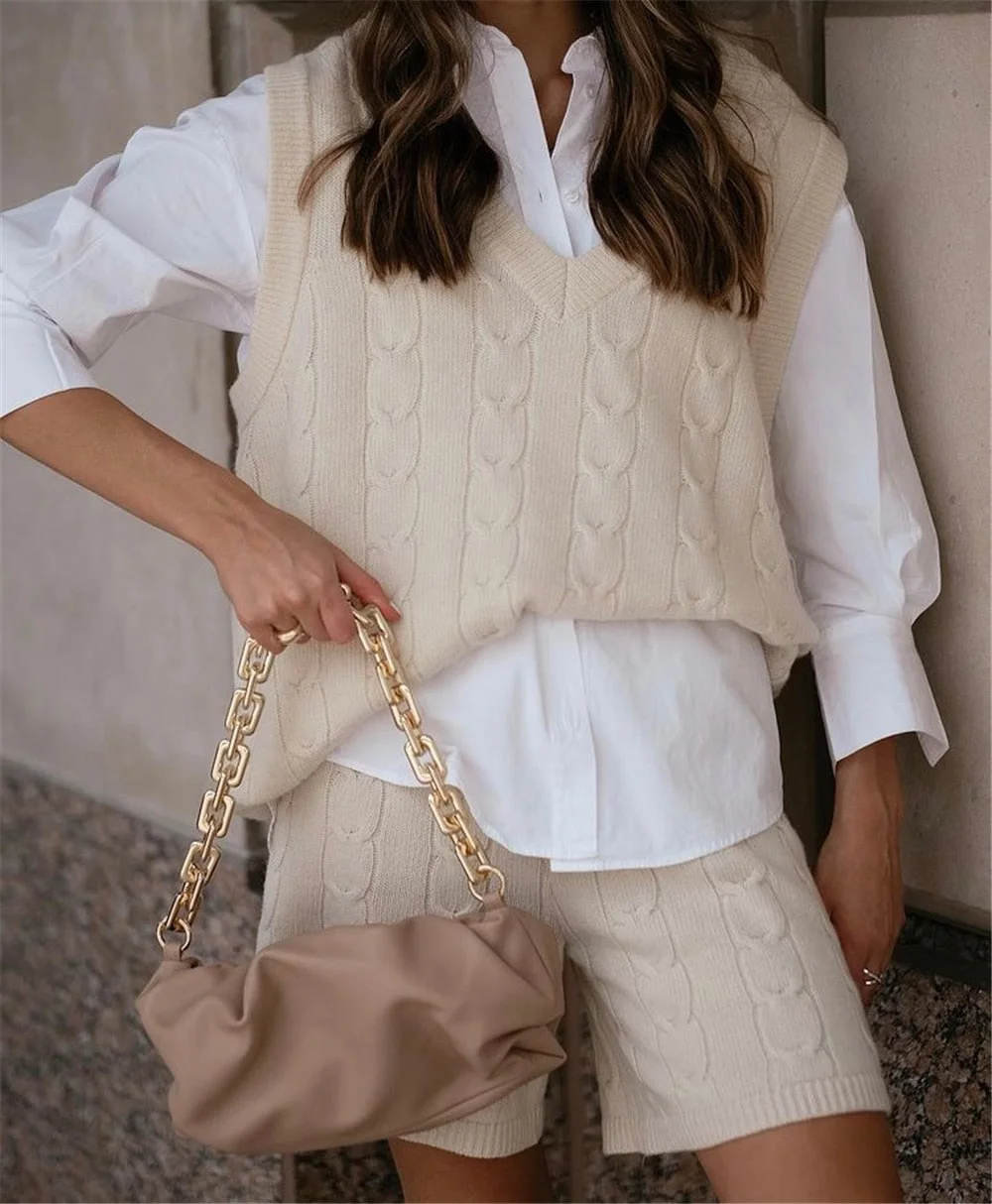 Billlnai Bold Shade Vintage Streetwear Fashion 90s 2pcs Sets Knitting Twist Sweater Vest and Knee Length Shorts Matching Sets Winter 2023