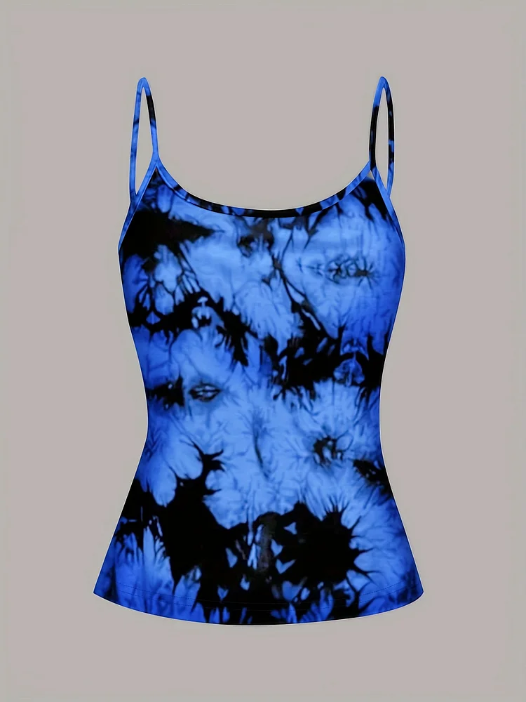 Women's Blue & Black Floral Print Sleeveless Tank Top - Elegant Summer Spaghetti Strap Blouse, Machine Washable, Versatile Casual To Formal Wear, Stylish Undergarment | Elegant Spaghetti Straps | Nontransparent Material, Spaghetti Strap Tank To