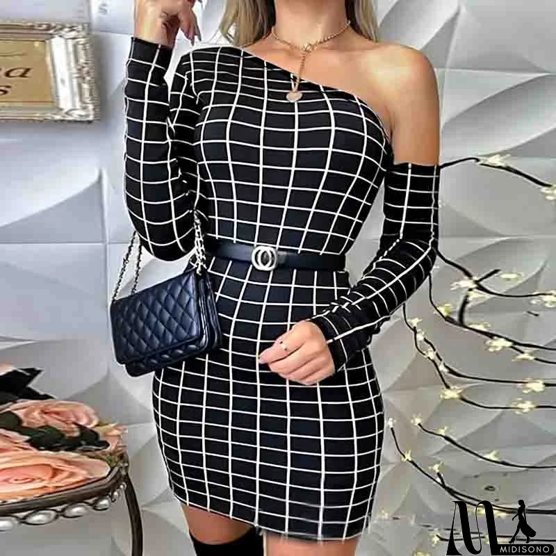MidiSono - Slim Women One Shoulder Check Dress