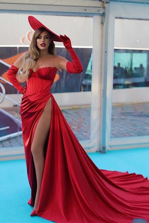 Charming Red evening dress Off-the-shoulder Strapless long sleeves with Slit