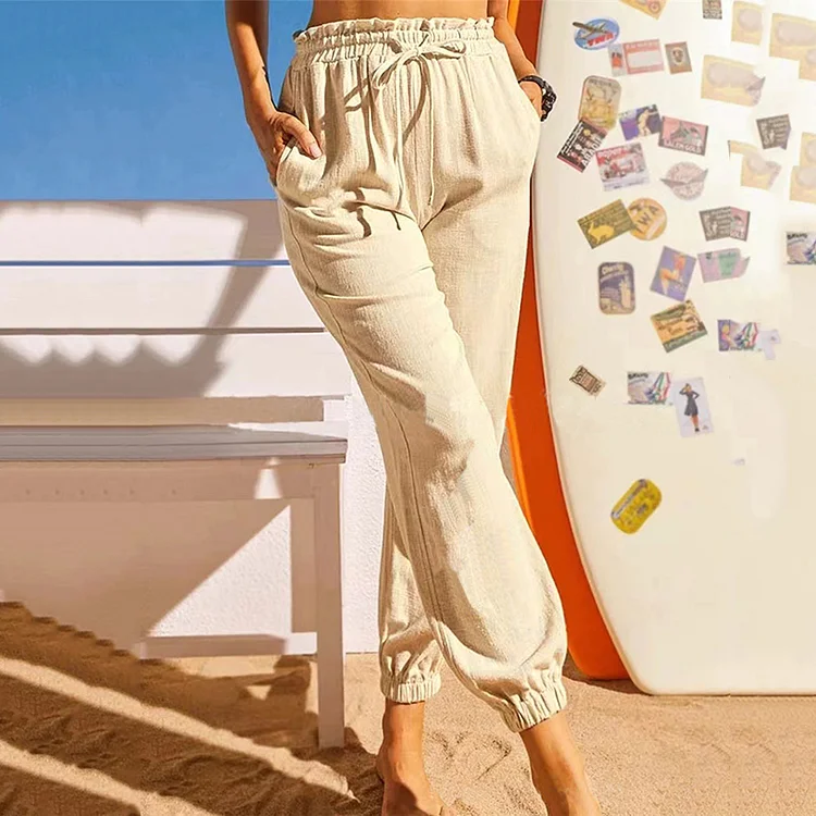 Solid Color Lotus Leaf Leggings With Elastic And Casual Long Pants