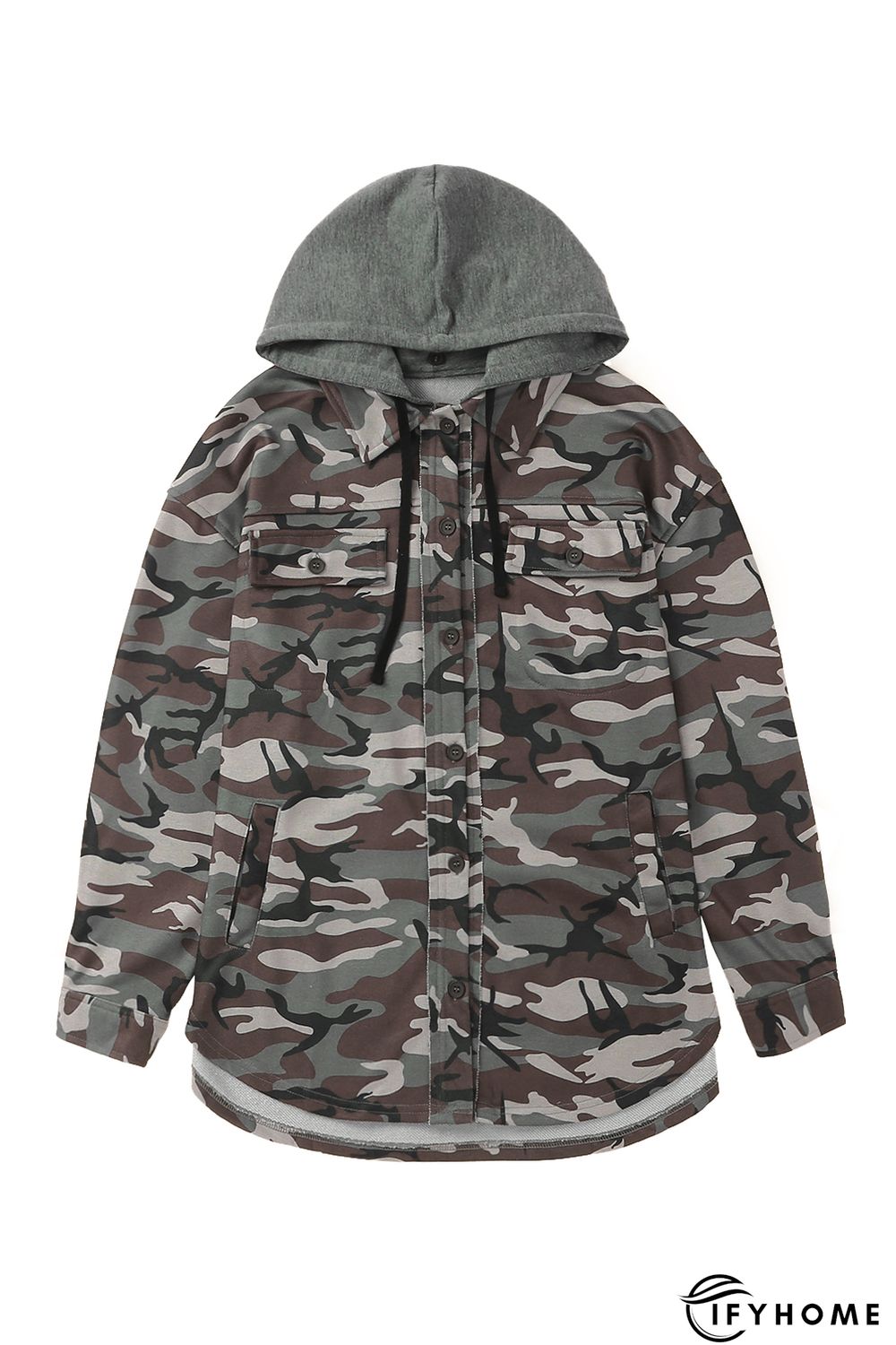 Green Camo Print Button up Hooded Jacket | IFYHOME