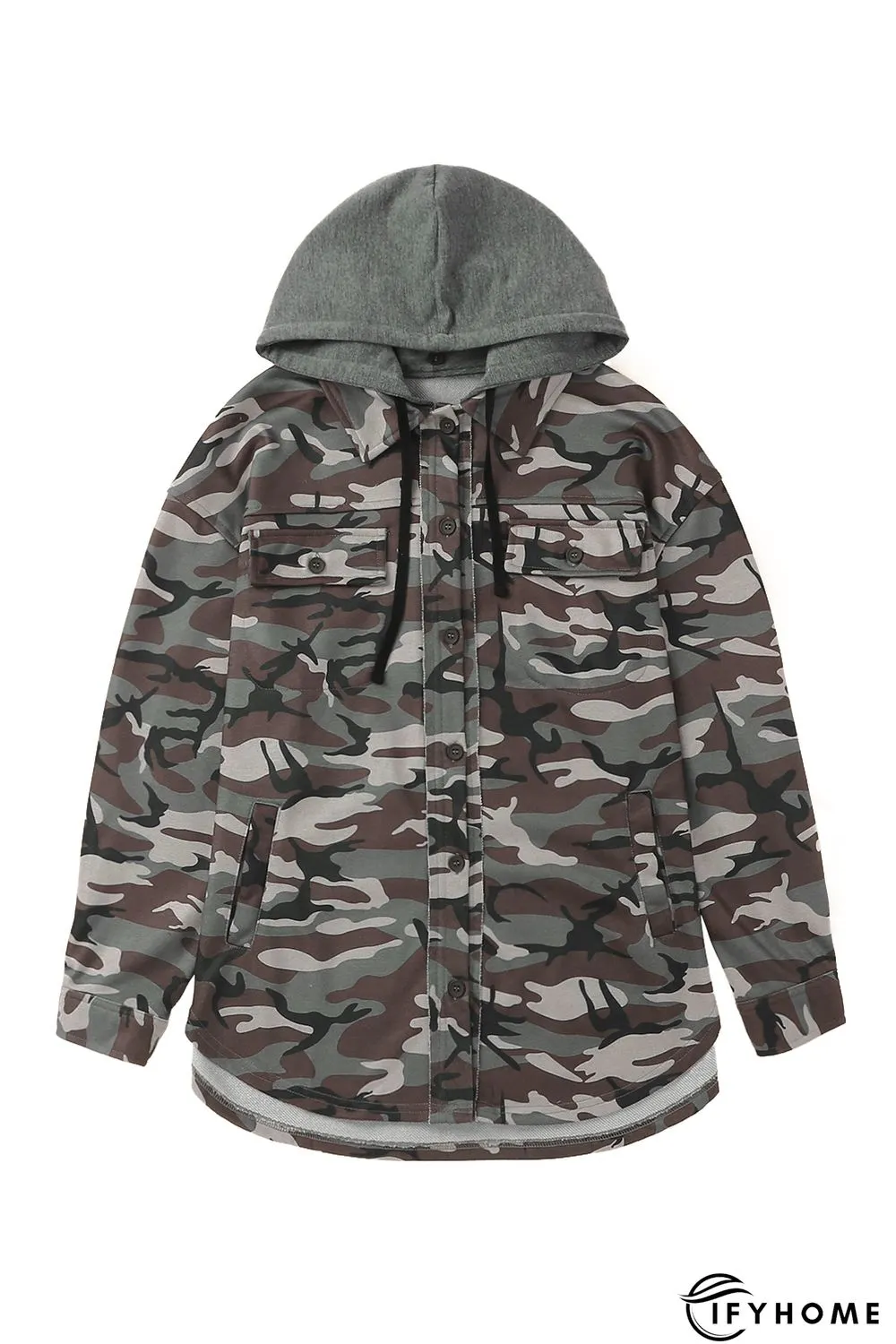 Green Camo Print Button up Hooded Jacket | IFYHOME
