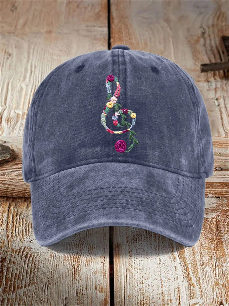 Comstylish Floral & Music Embroidery Washed Cotton Duck Caps